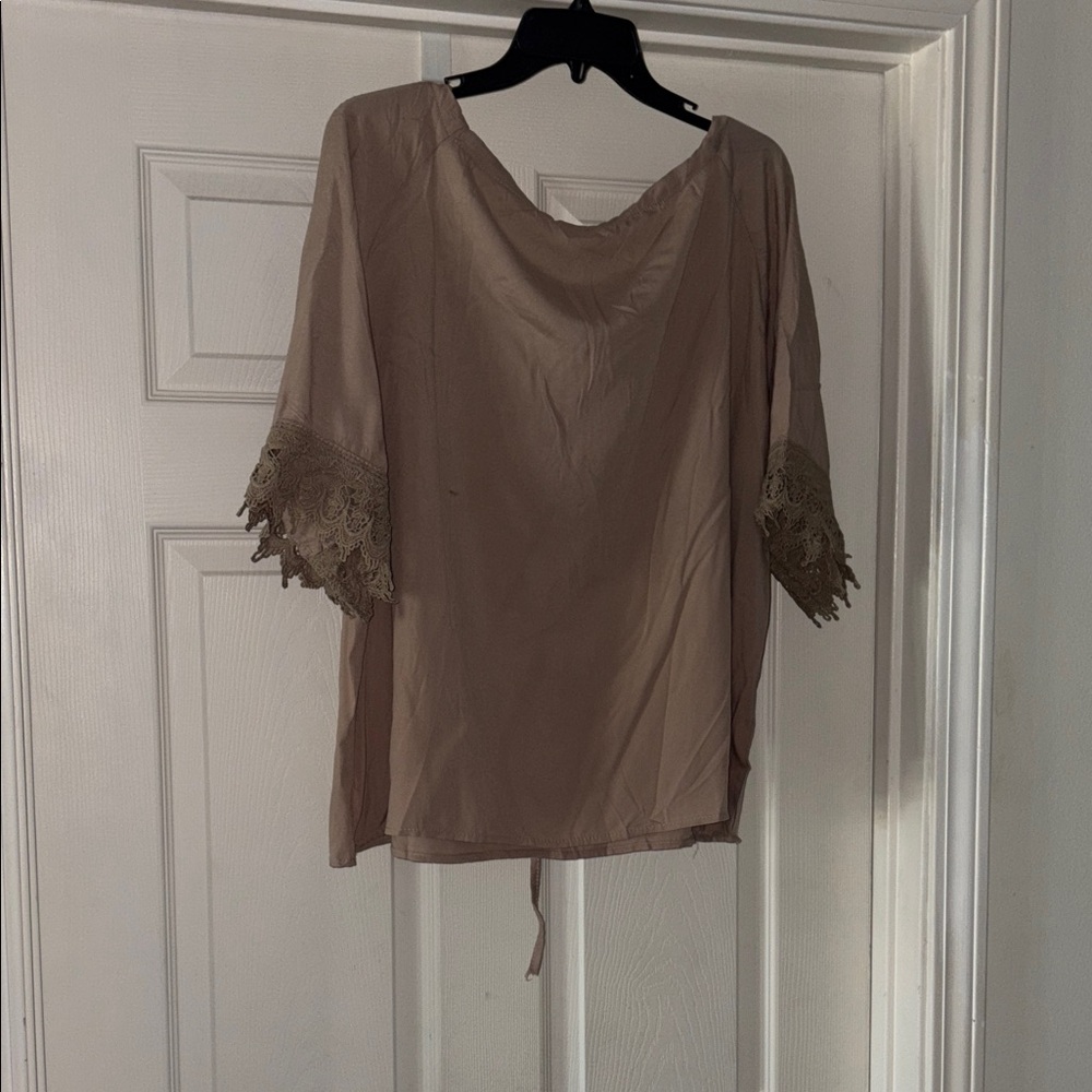 Elegant Lace Trim Blouse - Tan - Picture 6 of 6